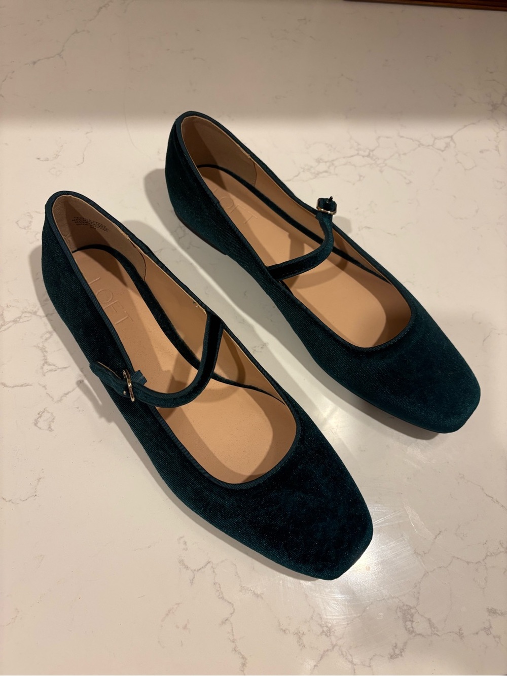 LOFT Dark Green Velvet Square Toe Mary Jane Flats